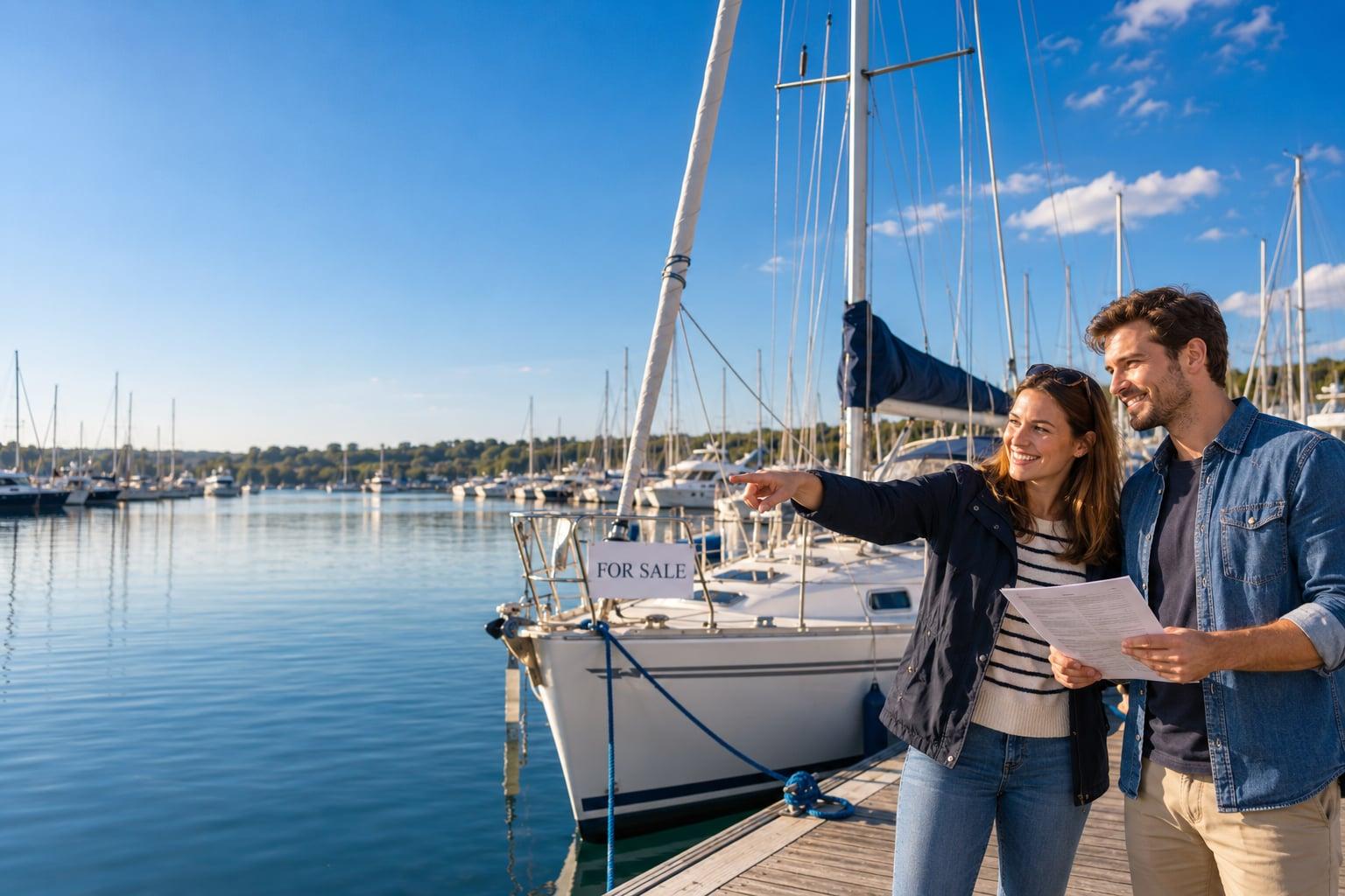 A couple on a marina pontoon pointing at a yacht for sale