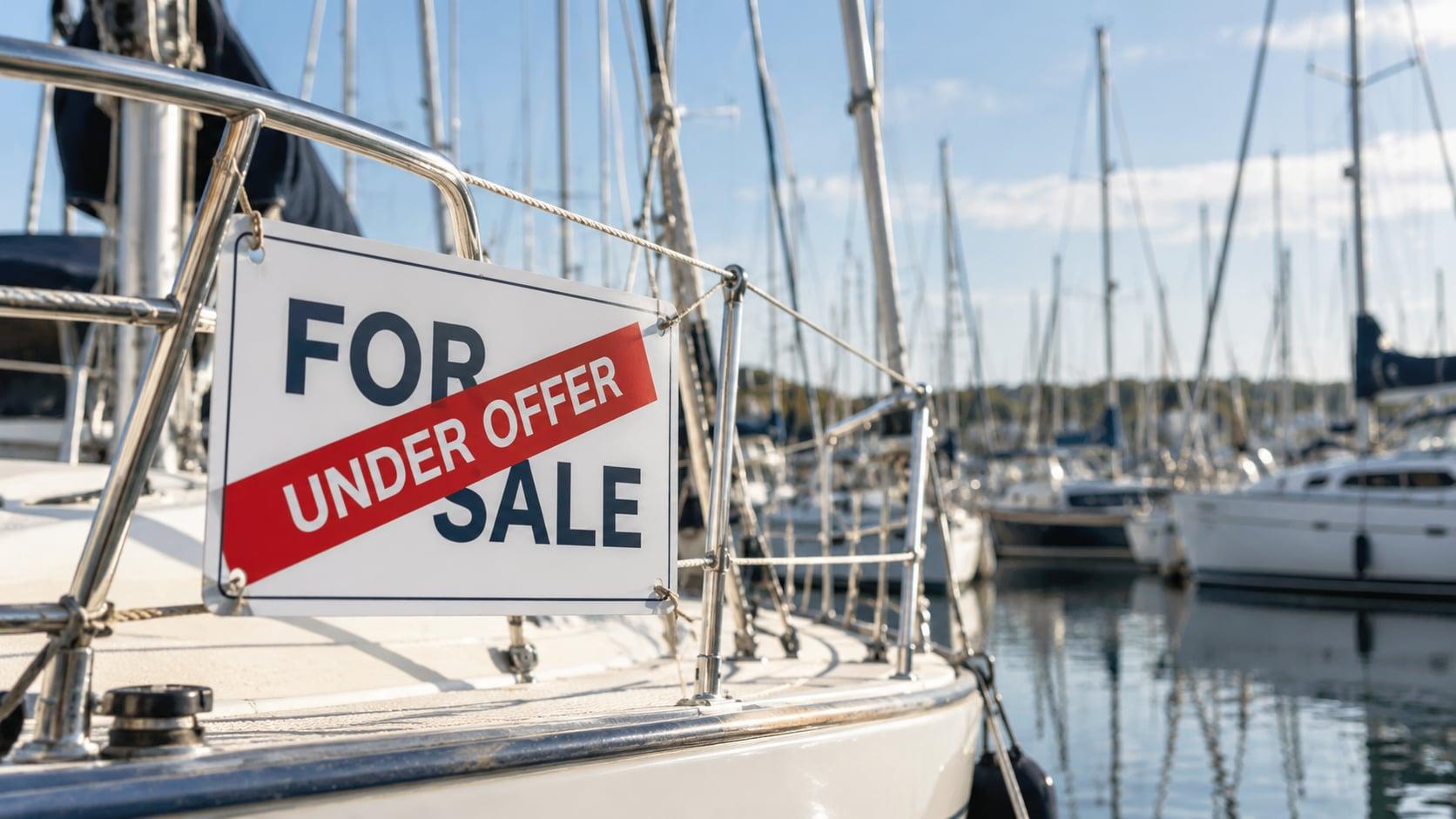A sale board marked Under offer on a yacht's guardrail