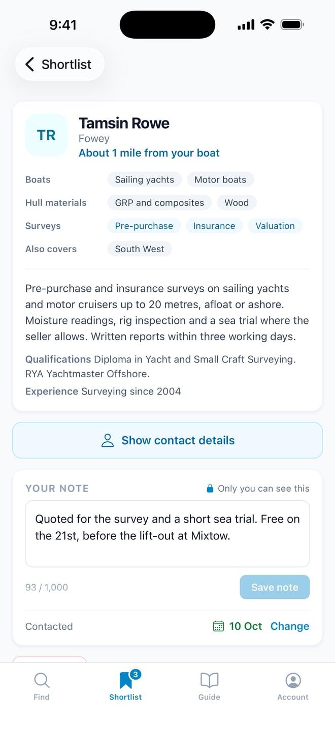 A saved surveyor in the app, with a private note