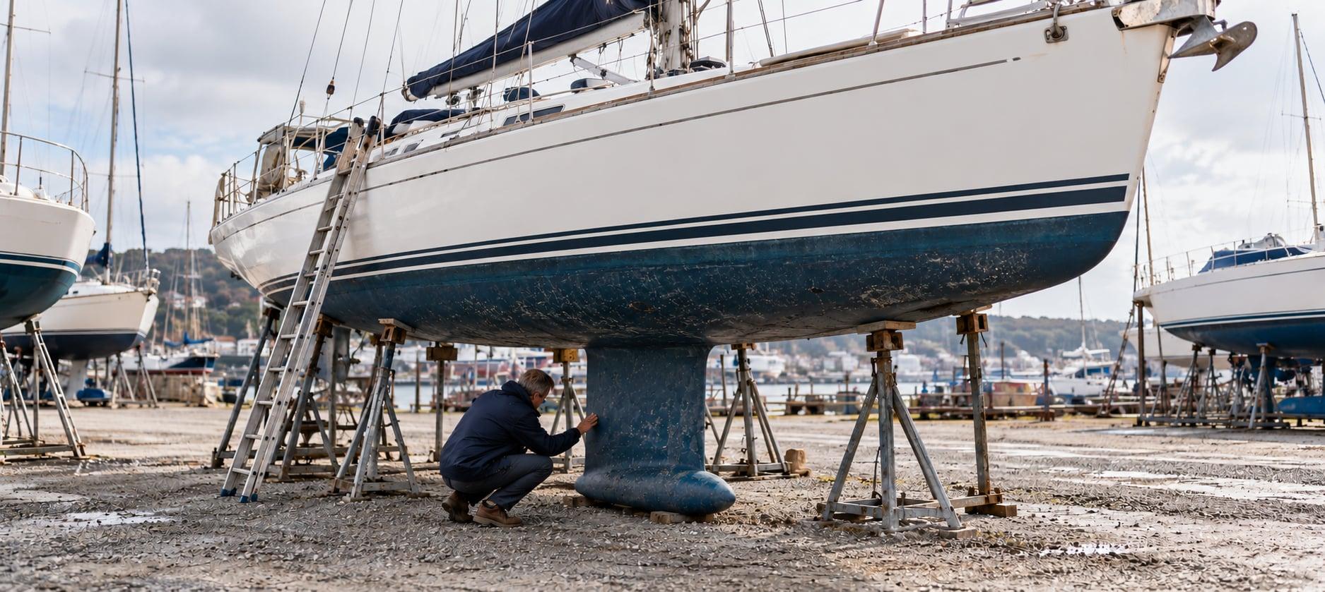 A yacht ashore on stands, with a surveyor at the keel