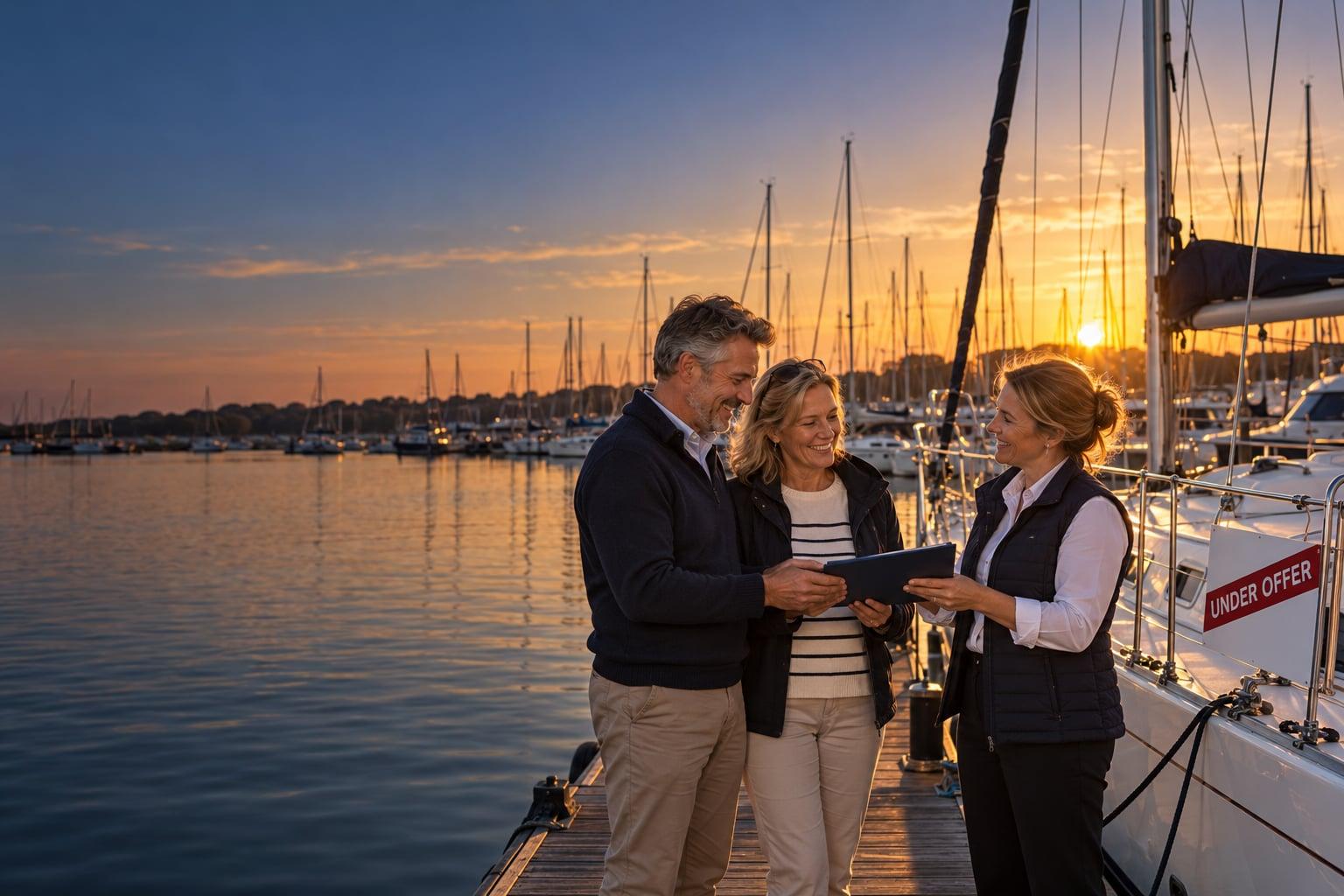 A broker handing a folder to a couple beside a yacht marked Under offer