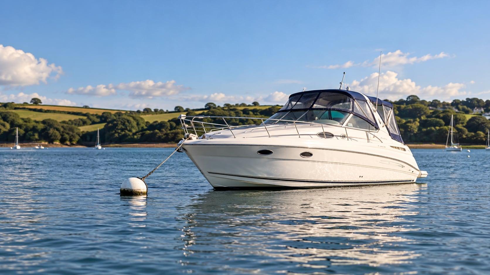 A white motor cruiser on a mooring in a calm, sunny estuary