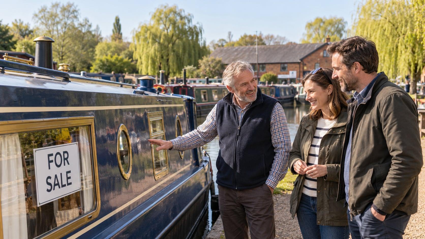 A broker showing a couple round a narrowboat for sale