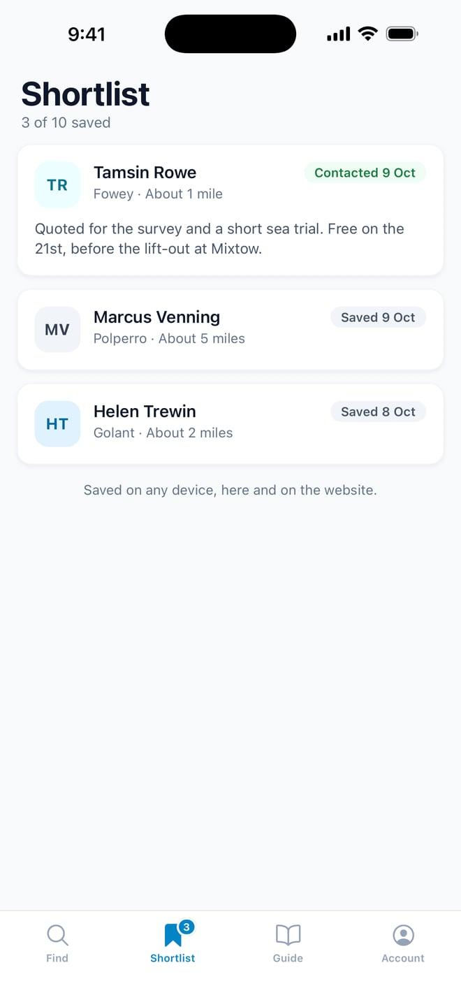 The shortlist in the app, with three surveyors saved