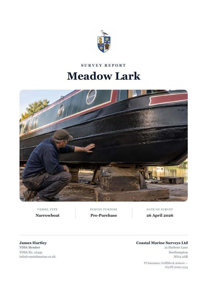 The cover of the Meadow Lark sample report, with the narrowboat out of the water