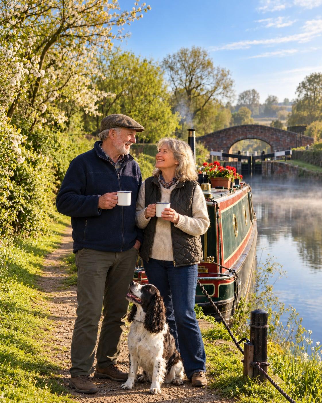 Two narrowboat owners with their dog beside their boat on a canal