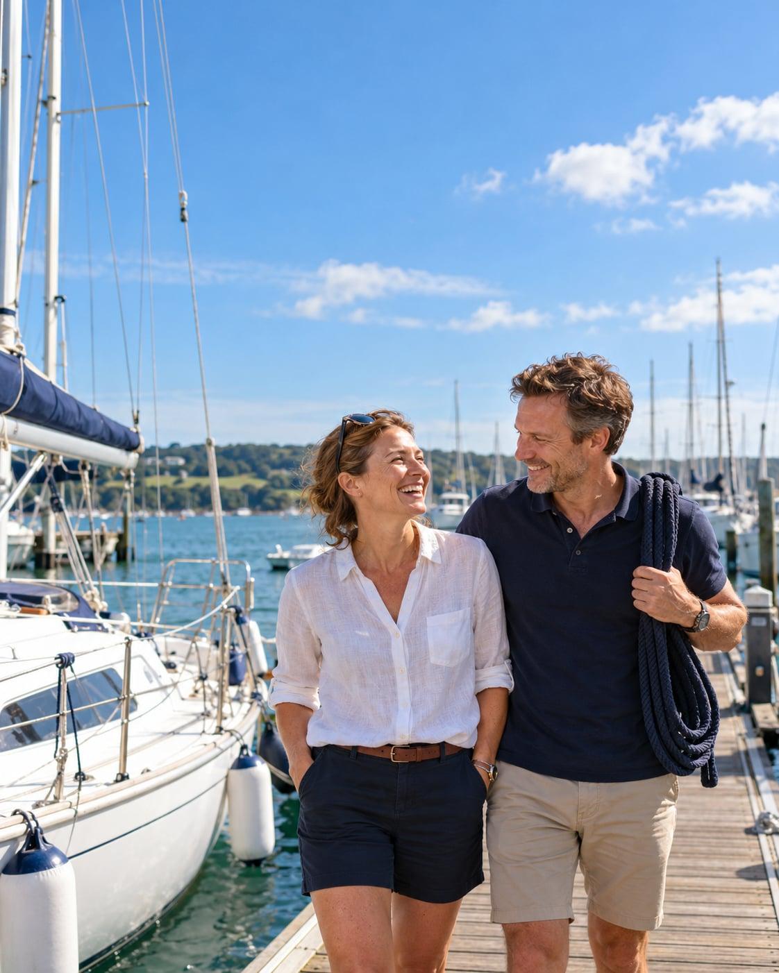Two boat owners walking along a sunny marina pontoon