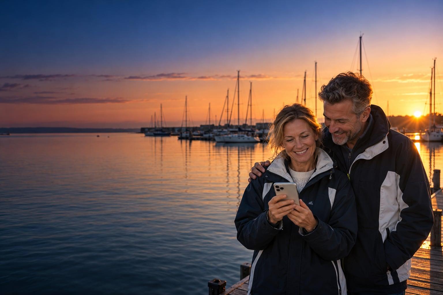 Two boat owners on a marina pontoon at sunrise, looking at a phone