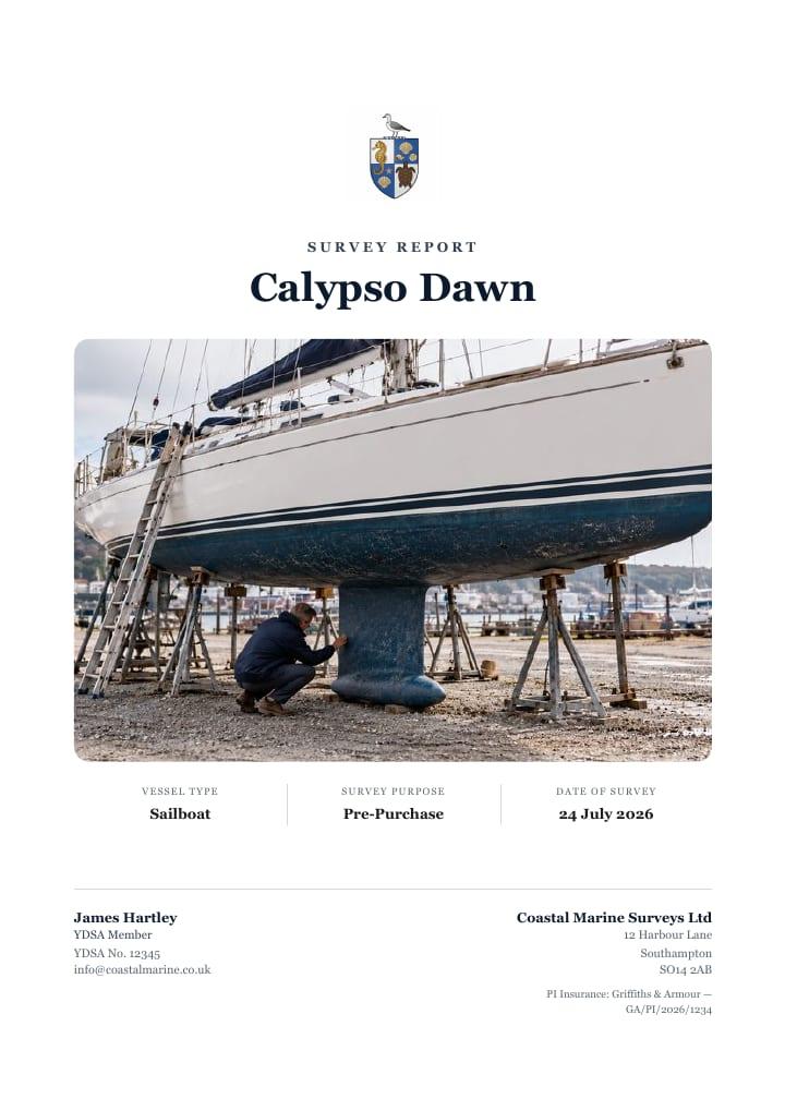 The cover of the Calypso Dawn sample report, with the yacht ashore on stands